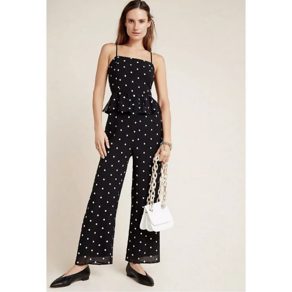 Anthropologie Rosie Floral Embroidery Peplum Jumpsuit Wide Leg
